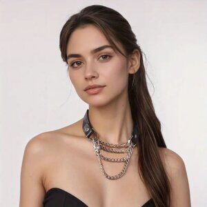 New Genuine Leather Gothic Choker Punk Collar Black Metal Chains Necklace Unisex